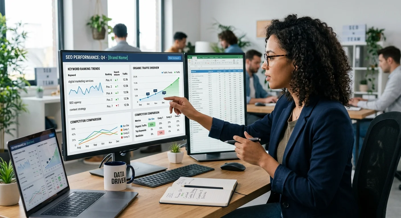 SEO ranking dashboard showing keyword positions and traffic analysis