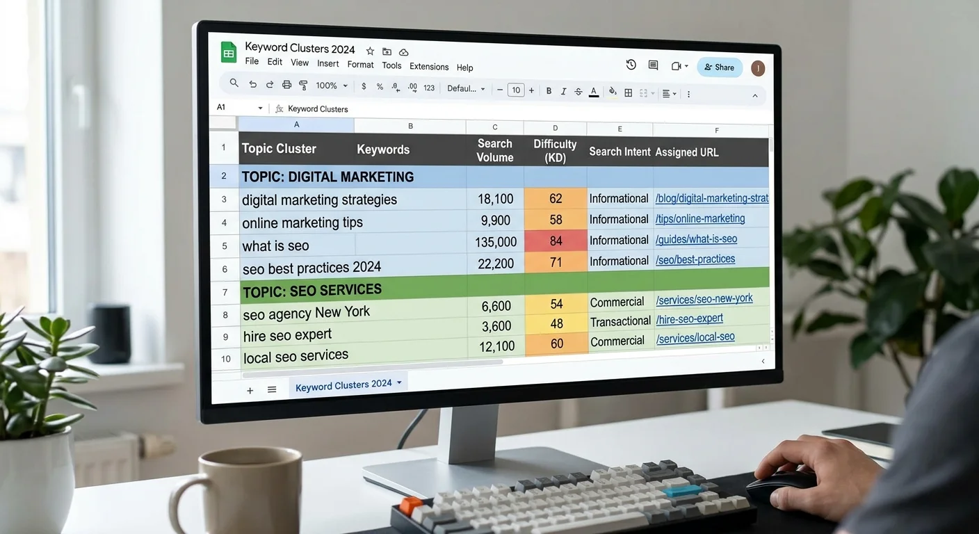 keyword research cluster spreadsheet example