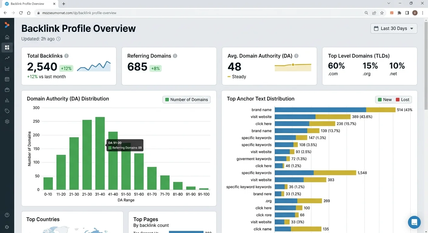 Backlink analysis dashboard displaying link profile metrics
